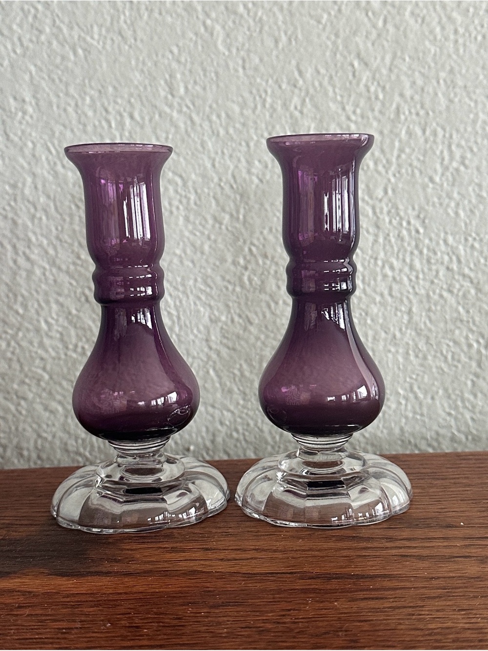 Unique Pair of Glass Candlestick Holders and/or Bud Vases